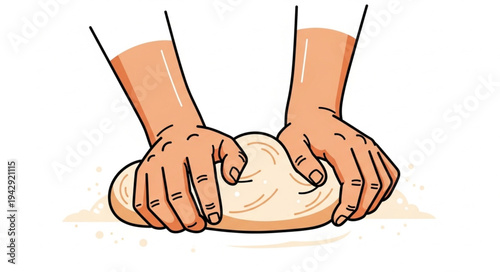 Hands Kneading Dough on Surface.