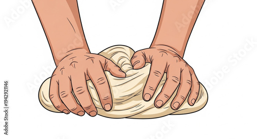 Hands Kneading Dough on Surface.