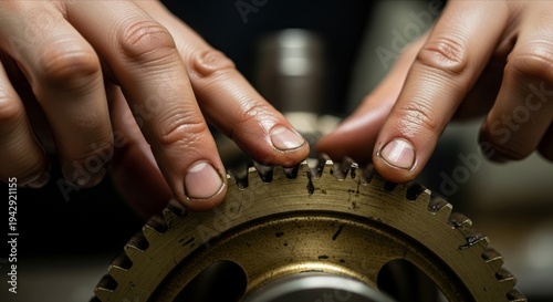 Hands Adjusting Cogwheel with Focus and Precision in Workshop Environment