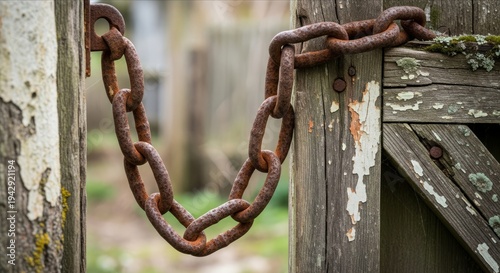 Rusty Chain on Weathered Wooden Gate at Abandoned Rural Site
