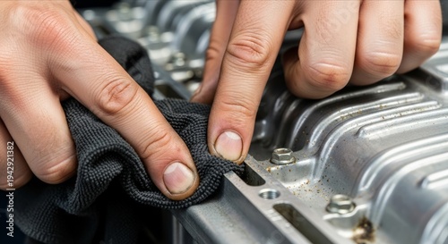 Hands Cleaning Engine Components with Cloth in Automotive Maintenance