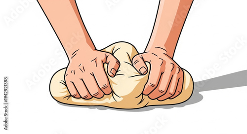 Hands Kneading Dough on White.