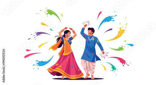Illustration of a man and woman dancing together with colorful paint splashes around them on a white background.