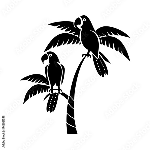 Black and white illustration featuring two parrots on palm tree, perched calmly on tree fronds. Graphic artwork displays tropical parrots on palm tree, with detailed leaves and bird silhouettes.