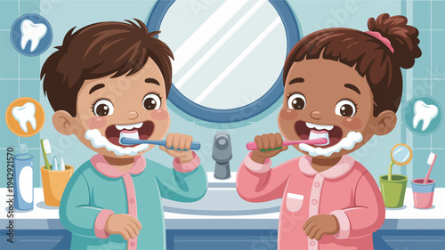 Two children brushing teeth with toothpaste in bathroom
