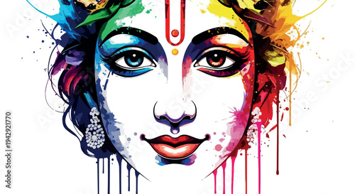 Vibrant colorful illustration of a woman's face with paint splatters and bindi on forehead against white background.
