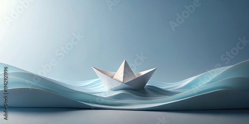 A solitary origami boat navigates serene paper waves, symbolizing a journey of hope and resilience amidst gentle currents.