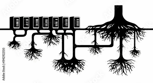 Interconnected network of digital devices and plant roots symbolizing growth and technology.
