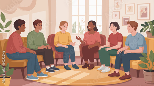 Diverse group of people having a meeting or discussion in a cozy living room with a warm atmosphere and natural light