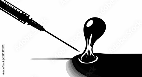 Syringe needle pierces dark liquid droplet, symbolizing medical treatment or scientific research.