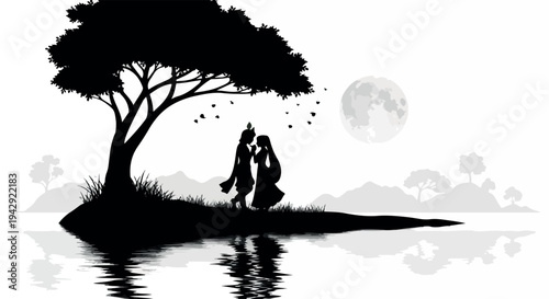 Silhouette of a romantic couple sitting under a tree by a serene lake with a full moon in the background, conveying a peaceful and loving atmosphere.