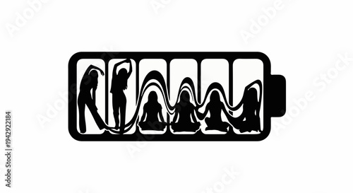 Figures representing human energy and life force charging within a battery icon.