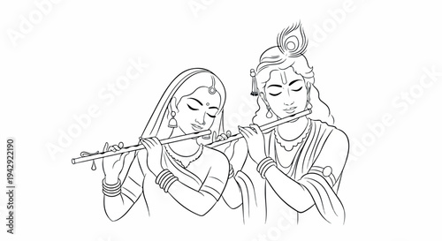 Line drawing of a woman and man playing flutes in traditional Indian attire with a simple white background.