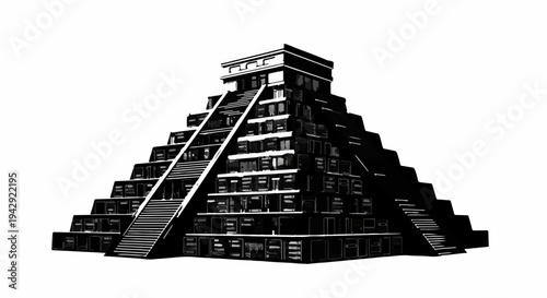Ancient stepped pyramid structure against a stark white background, evoking history and mystery.