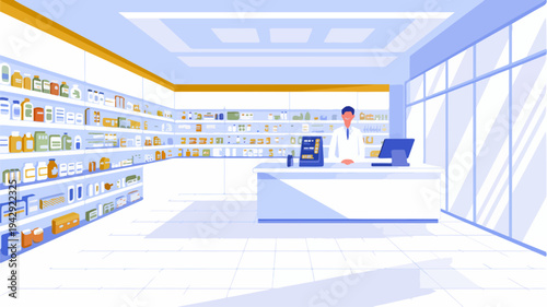 Pharmacist standing behind counter in modern pharmacy store with shelves of medication and products