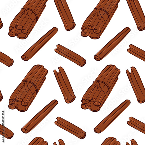 Flat style cinnamon stick hand drawn seamless pattern for spice store package, menu design.