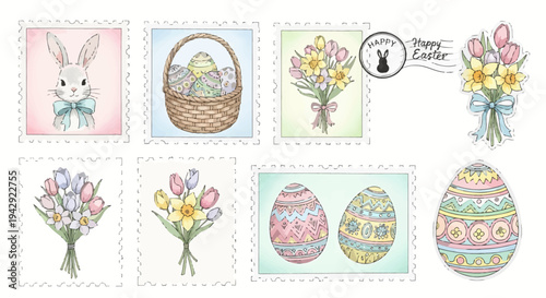 Easter Bunny Stamps with Flowers and Eggs