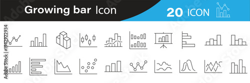 Collection of growing bar graph icon set. Business infographics icons. Charts diagrams, down or up arrow, candlestick, bar charts, pie charts, economy reduction and more. Vector illustration