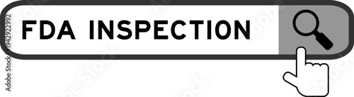 Search banner in word FDA inspection with hand over magnifier icon on white background