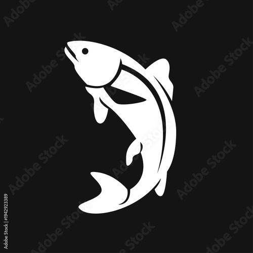 Jumping Salmon Fish Silhouette Icon on Black Background. White stylized trout or salmon leaping, ideal for fishing logo, seafood emblem, or aquatic wildlife design.