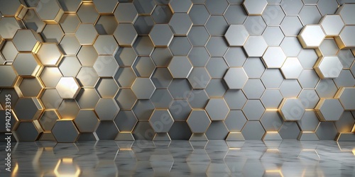 Abstract Hexagonal Wall Design with Illuminated Accents and Polished Floor