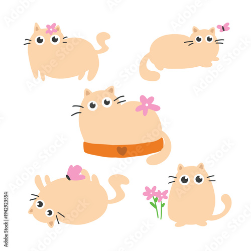 Spring design elements with funny cute cats and flowers. Vector illustration.