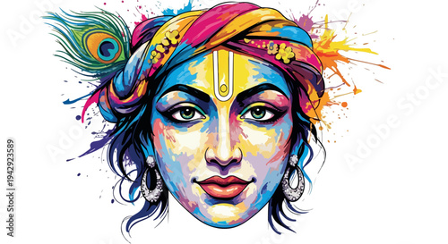 Vibrant illustration of a person's face with colorful paint splatters and a peacock feather adornment on their head against a white background.