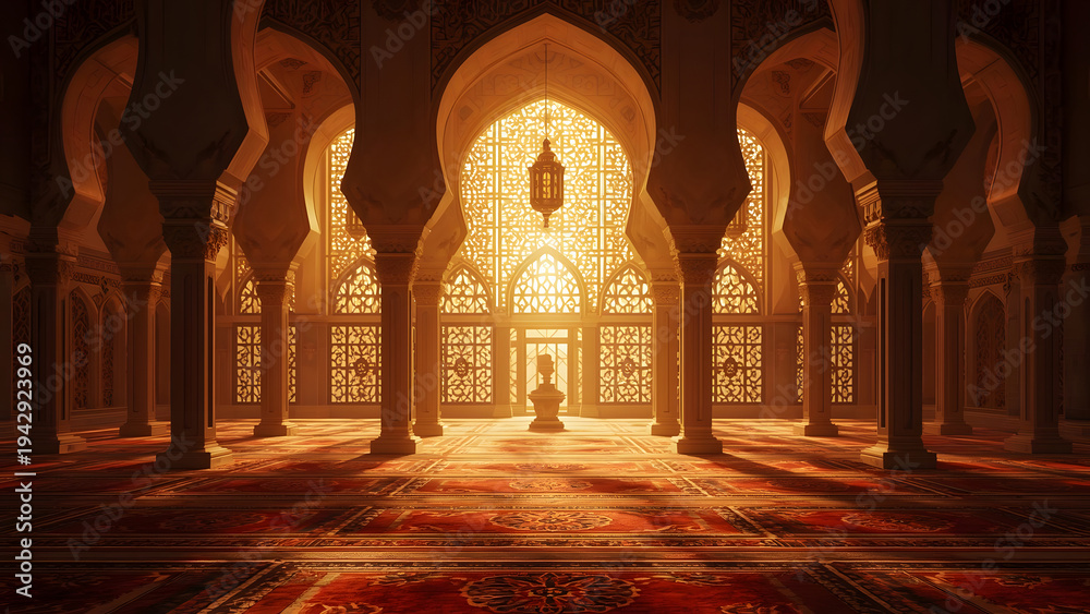 Obraz premium Ornate Islamic Mosque Interior with Arches and Sunlight