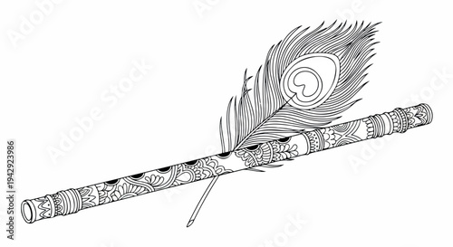 A quill pen with an intricately designed feather and ornate handle against a plain white background in a detailed illustration.