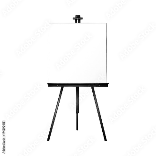 Halftone dotted blank canvas on easel illustration. Monochrome artist stand with empty board isolated on white background. Concept of painting, creativity, art studio and presentation.