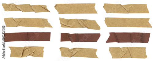 Adhesive beige washi crumpled paper tape isolated element. Craft scrapbooking transparent element with grunge texture. Torn ripped note memo sticker 