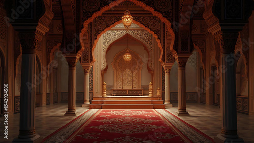 Ornate Royal Palace Interior with Red Carpet and Throne