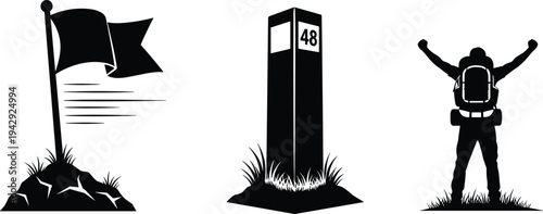 Hiking achievement silhouettes, flag on mountain, milestone marker, backpack traveler raising arms, outdoor exploration vector illustration, adventure design, progress, goal concept