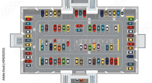 Aerial view of a busy multi-level parking garage filled with cars.