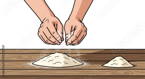 Hands Sifting White Powder on Table.