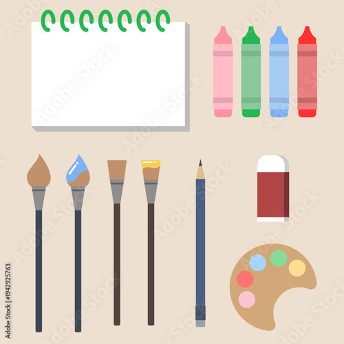 신학기 준비물 미술 수업용 스케치북과 학용품 아이콘 세트