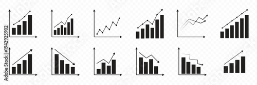 Collection of growing bar graph icon set. Business infographics icons. Charts diagrams, down or up arrow, candlestick, bar charts, pie charts, economy reduction and more. Vector illustration