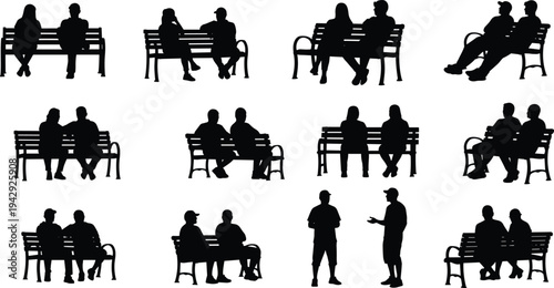 People silhouettes collection, sixteen figures seated and standing, park bench conversations, social interactions, vector illustration of public space, sociology and psychology design concept