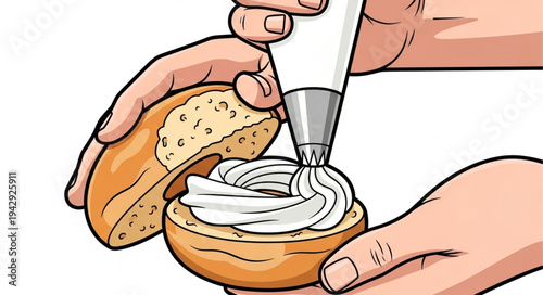 Hands Spreading Cream on Bagel.