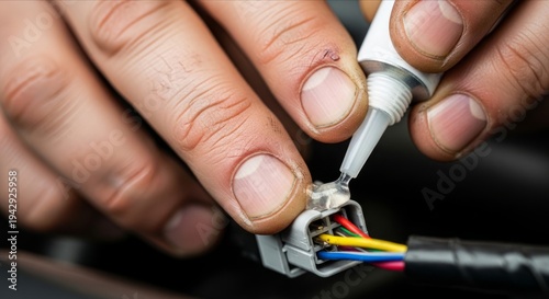 Detailed Close-Up of Hands Applying Adhesive to Electrical Connector
