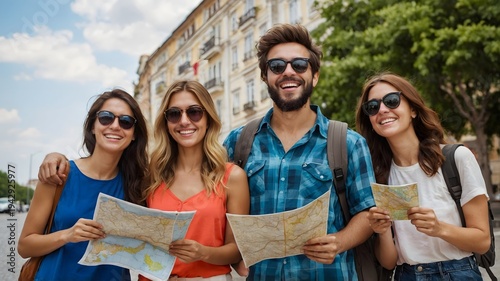 Friends Exploring City Streets Holding Maps While Enjoying a Sunny Day Outdoors Together