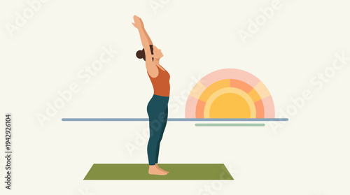 Woman practices yoga on green mat outdoors at sunrise