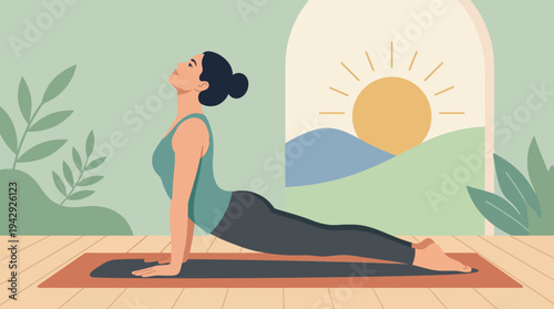 Woman practicing yoga on a mat indoors near a sunny window with plants