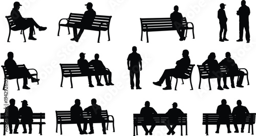 People silhouettes on benches, vector illustration of social interactions, sitting, standing, reclining, conversation, public space design, urban lifestyle, park concept