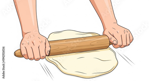 Hands Rolling Dough with Rolling Pin.