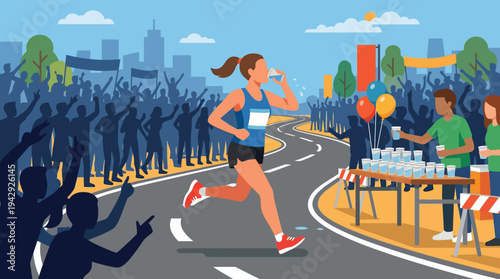A woman runs on a road with a crowd cheering her on during a marathon event.