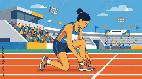 Female athlete tying shoes on a track with spectators and stadium