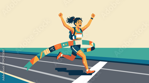 Woman athlete celebrates winning a marathon on a track with arms raised