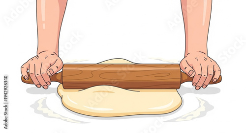 Hands Rolling Dough with Rolling Pin.