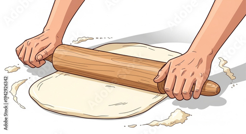 Hands Rolling Dough with Rolling Pin.